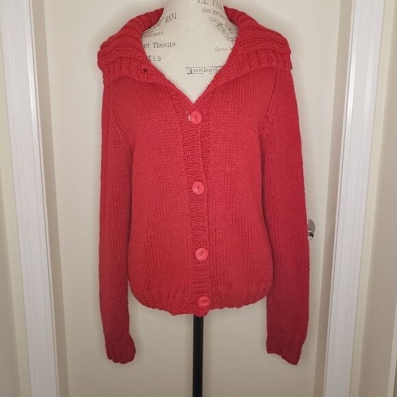 hand knit cherry red cardigan sweater - Picture 3 of 9
